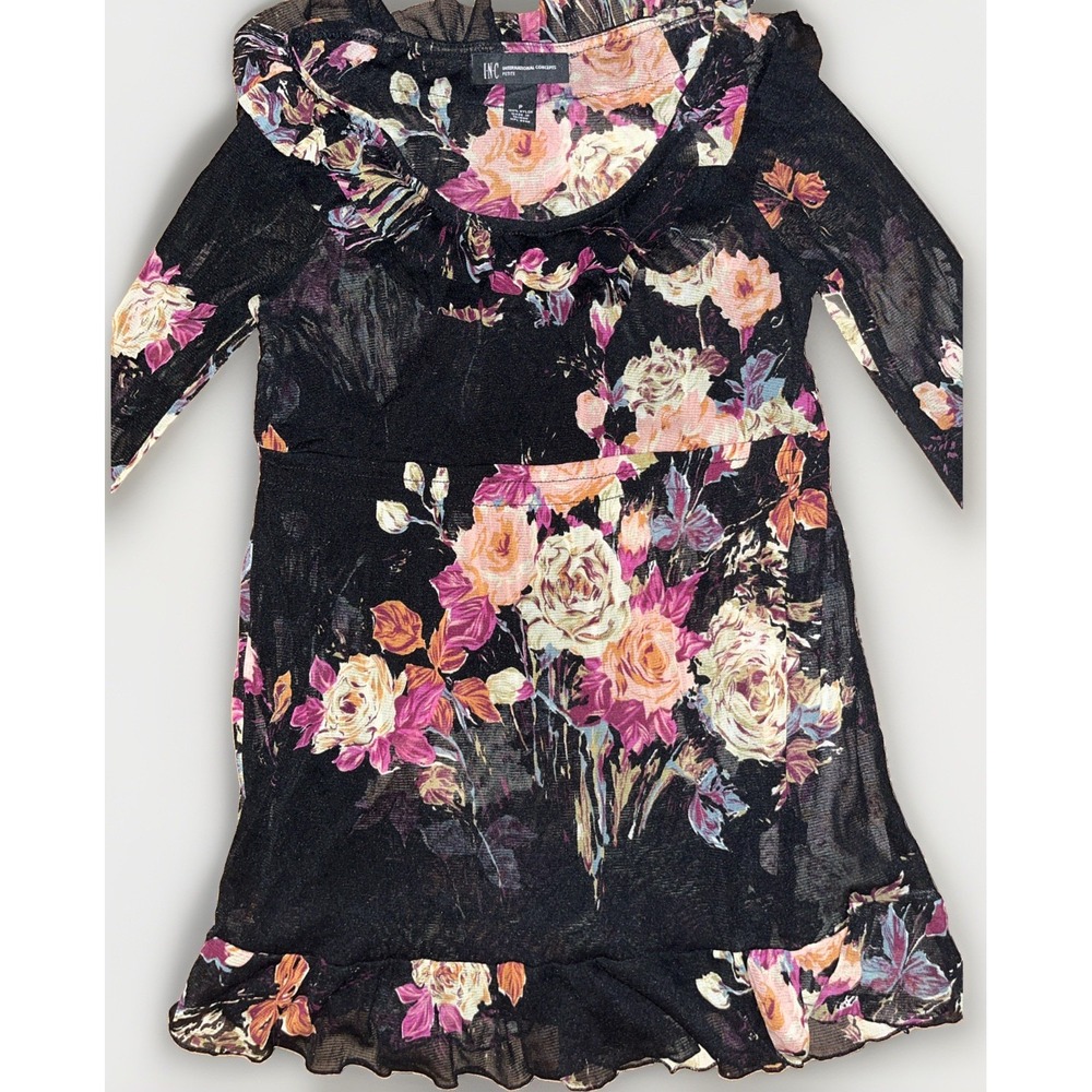 INC Empire Blouse Layered Black Tulle w/Floral Print Boho Romantic Y2K Small Pet
